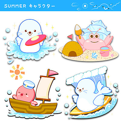 동물 구름 바다 스티커 일러스트 갈매기 조개 사람없음 여름 세트 태양 깃발 서핑보드 배 서핑 돛단배 물개 모종삽 일본어 문어 모래성 소라게 국내일러스트 AI파일 자연요소 문자 계절 모래 배_교통 과일 포유류 조류 어패류 연체동물 바다동물 수중동물 게 수상스포츠 보드_스포츠 삽 파일형식 벡터
