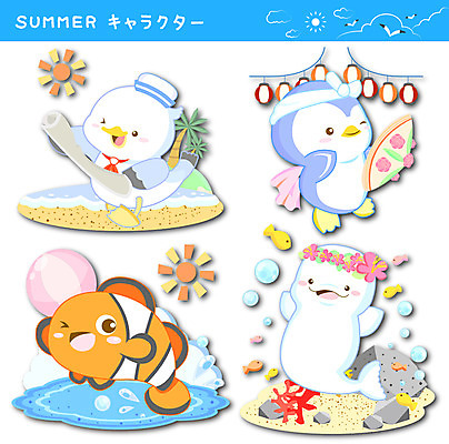동물 구름 바다 스티커 일러스트 갈매기 어류 사람없음 여름 세트 태양 축제 화관 돌_바위 해조류 비치볼 일본어 열대어 돌고래 펭귄 선원 흰동가리 국내일러스트 AI파일 자연요소 문자 계절 꽃 공 포유류 조류 바캉스용품 수중동물 해양식물 파일형식 벡터