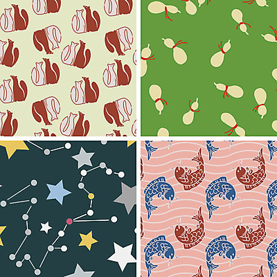 문양 백그라운드 패턴 일러스트 사람없음 세트 별자리 다양 여우 도미 일본전통 표주박 국내일러스트 AI파일 전통 다수 무늬 포유류 어류 일본 박 파일형식 벡터