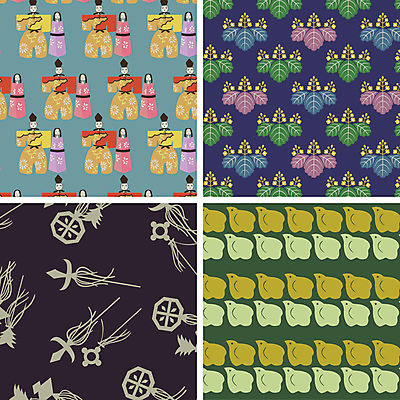 문양 인형 백그라운드 패턴 일러스트 나뭇잎 병아리 사람없음 세트 다양 일본전통 국내일러스트 AI파일 전통 다수 잎 무늬 조류 일본 파일형식 벡터