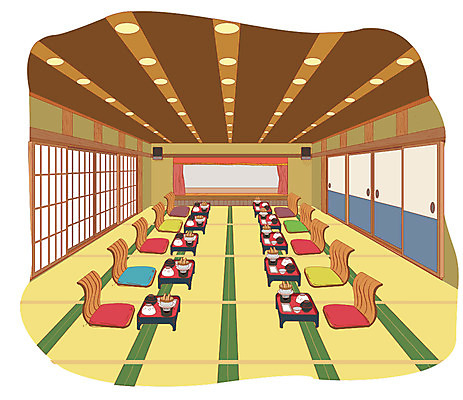 백그라운드 일본문화 일러스트 실내 방석 사람없음 일본 무대 커튼 밥상 연회장 좌식의자 일본음식 국내일러스트 AI파일 동양문화 아시아 음식 외국문화 의자 탁자 내부 공간 파일형식 벡터