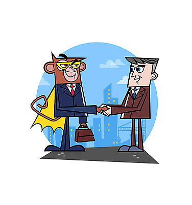 구름 남자 서류가방 일러스트 악수 한명 빌딩 성인 거래 원숭이 직장인 영웅 원숭이캐릭터 슈퍼히어로 국내일러스트 AI파일 자연요소 직업 1 동물캐릭터 가방 포유류 사람 손짓 건물 파일형식 벡터