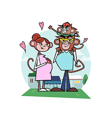 나무 구름 일러스트 가족 주택 사람없음 임산부 하트 원숭이 목말 영웅 원숭이캐릭터 슈퍼히어로 국내일러스트 AI파일 자연요소 모양 식물 동물캐릭터 포유류 관계 모션 건물 임신 파일형식 벡터