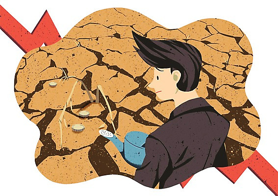 PSD 식물 남자 일러스트 한명 정장 성인 경제 동전 비즈니스맨 땅 가뭄 시들음 경제불황 국내일러스트 1 옷 돈 비즈니스 날씨 사람 직장인 불황 파일형식