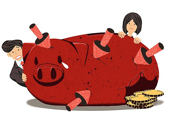 PSD 여자 남자 화살표 일러스트 성인 두명 경제 동전 손상 돼지저금통 하락 눈물 꽂음 경제불황 금융의날 국내일러스트 감정 컨셉 돈 사람 저금통 불황 파일형식 법정기념일