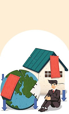 PSD 남자 화살표 일러스트 주택 한명 정장 성인 경제 비즈니스맨 하락 경제불황 딱지 울상 지구모양 국내일러스트 모양 1 옷 지구 컨셉 비즈니스 사람 건물 직장인 불황 파일형식