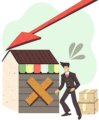 전신 PSD 남자 화살표 일러스트 주택 한명 정장 성인 경제 상자 상점 잠김 비즈니스맨 하락 경제불황 국내일러스트 1 옷 컨셉 비즈니스 사람 건물 직장인 불황 파일형식