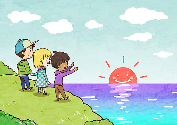 주간 PSD 구름 여자 남자 어린이 바다 일러스트 새해 함께함 야외 세명 태양 일출 지구촌 국내일러스트 자연요소 컨셉 사람 노을 파일형식