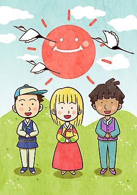 주간 PSD 구름 여자 남자 어린이 일러스트 새해 함께함 야외 세명 태양 학 새해인사 한복 지구촌 국내일러스트 자연요소 한국전통 컨셉 조류 사람 인사 전통의상 파일형식