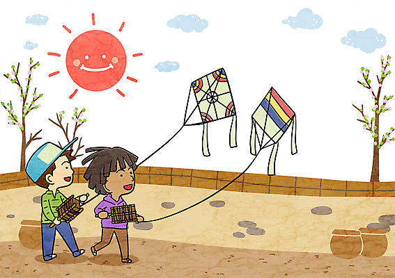 PSD 나무 구름 남자 어린이 일러스트 두명 담장 설날 태양 항아리 연 연날리기 국내일러스트 자연요소 식물 명절 사람 놀이용품 전통놀이 도자기 파일형식