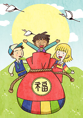 PSD 구름 여자 남자 어린이 일러스트 복주머니 함께함 세명 학 행운 한복 지구촌 국내일러스트 자연요소 한국전통 컨셉 조류 전통소품 사람 전통의상 파일형식