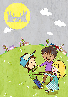 PSD 나무 구름 여자 남자 어린이 일러스트 주택 함께함 야외 세명 손잡기 달 토끼 야간 지구촌 정월대보름 방아 방아찍기 국내일러스트 자연요소 식물 명절 컨셉 포유류 모션 사람 건물 반려동물 파일형식