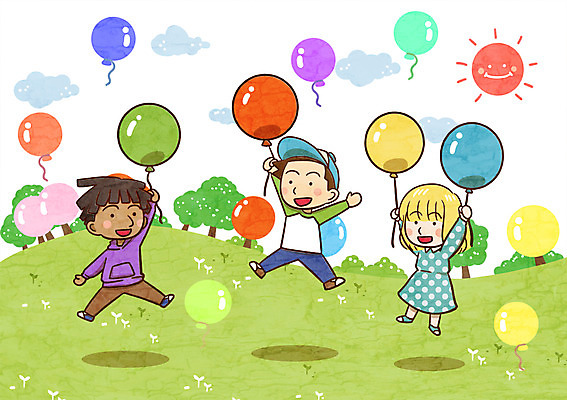 PSD 나무 구름 여자 남자 어린이 일러스트 함께함 세명 태양 떠있는 어린이날 지구촌 풍선 국내일러스트 자연요소 식물 기념일 컨셉 모션 사람 파일형식