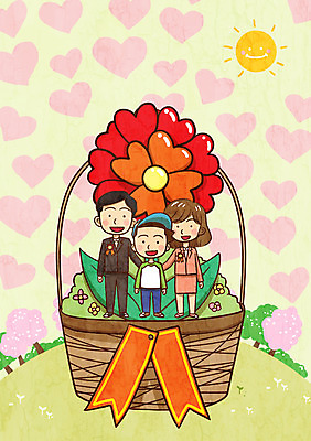 PSD 나무 여자 남자 꽃 어린이 일러스트 가족 엄마 성인 세명 태양 하트 아빠 어버이날 꽃바구니 국내일러스트 자연요소 모양 식물 기념일 관계 사람 바구니 파일형식