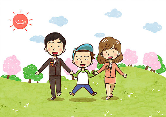 주간 PSD 나무 구름 여자 남자 어린이 일러스트 성인 야외 세명 태양 손잡기 어버이날 국내일러스트 자연요소 식물 기념일 모션 사람 파일형식