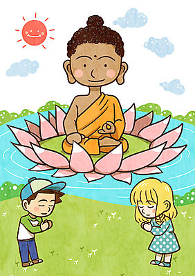 주간 PSD 구름 여자 남자 어린이 일러스트 연꽃 야외 두명 태양 부처님오신날 기도 연못 부처 국내일러스트 자연요소 기념일 꽃 불교 사람 파일형식