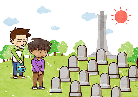 주간 PSD 나무 구름 남자 어린이 일러스트 야외 두명 태양 기도 무덤 희생 현충일 현충원 국내일러스트 자연요소 식물 기념일 사람 파일형식 호국보훈의달