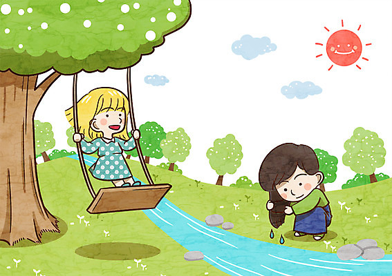 주간 PSD 나무 구름 여자 어린이 일러스트 야외 두명 태양 돌_바위 그네타기 머리감기 국내일러스트 자연요소 식물 놀이 사람 청결 그네 파일형식