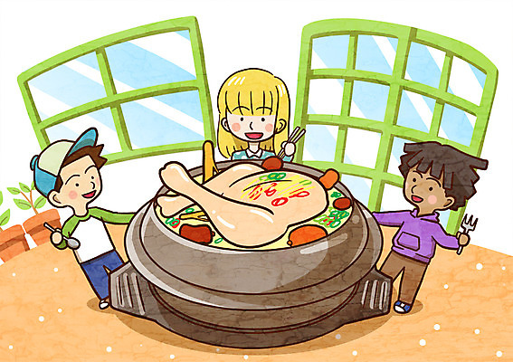 PSD 여자 남자 화분 어린이 음식 포크 일러스트 젓가락 창문 여름음식 함께함 실내 세명 숟가락 복날 보양식 지구촌 삼계탕 제철음식 삼복 국내일러스트 식기 기념일 컨셉 수저 사람 내부 몸보신 제철 파일형식 여름_계절