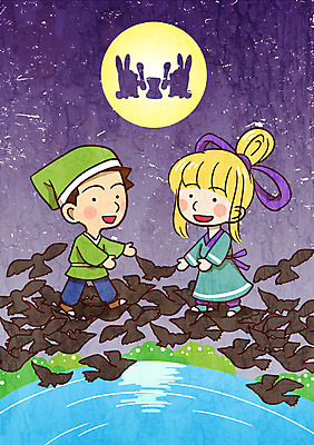 PSD 여자 남자 어린이 일러스트 야외 두명 달 토끼 연못 야간 한복 까치 견우 칠석 직녀 국내일러스트 자연요소 한국전통 명절 포유류 조류 사람 반려동물 전통의상 파일형식