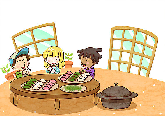 PSD 여자 남자 화분 어린이 일러스트 창문 탁자 함께함 실내 세명 문 가마솥 송편 지구촌 솔잎 송편빚기 국내일러스트 가구 컨셉 잎 떡 사람 내부 추석 솥 요리중 파일형식