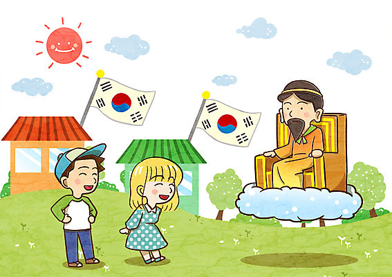 주간 PSD 구름 여자 남자 어린이 일러스트 주택 성인 야외 세명 태양 태극기 개천절 국기게양 단군 왕자 국내일러스트 자연요소 사람 건물 공휴일 국기 국경일 단군신화 파일형식