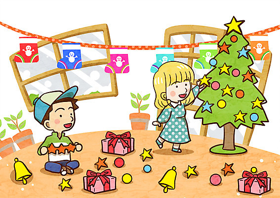 PSD 여자 남자 별 화분 어린이 크리스마스장식 크리스마스 일러스트 창문 실내 두명 선물상자 크리스마스트리 종 크리스마스양말 국내일러스트 자연요소 기념일 양말 선물 사람 내부 상자 파일형식