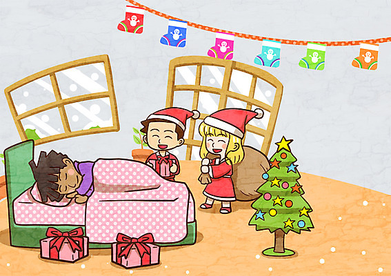 PSD 여자 남자 어린이 크리스마스장식 크리스마스 일러스트 창문 산타옷 함께함 세명 선물상자 크리스마스트리 문 침대 잠 보따리 지구촌 국내일러스트 옷 기념일 가구 컨셉 선물 사람 상자 파일형식