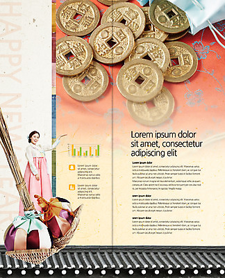 PSD 템플릿 편집 표지디자인 북디자인 출판디자인 여자 내지 리플렛 2단접지 북커버 새해 복주머니 한명 팜플렛 성인 30대 한국인 한복 기와지붕 엽전 복조리 이미지템플릿 1 한국전통 지붕 전통소품 기와 사람 동양인 장년 동전 전통의상 파일형식