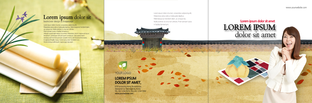 PSD 템플릿 편집 표지디자인 북디자인 출판디자인 여자 명절 표지 리플렛 북커버 3단접지 기와 한명 정장 팜플렛 20대 성인 담장 한국인 대문 손모으기 가래떡 이미지템플릿 1 전통 옷 기념일 떡 사람 동양인 손짓 청년 문 파일형식