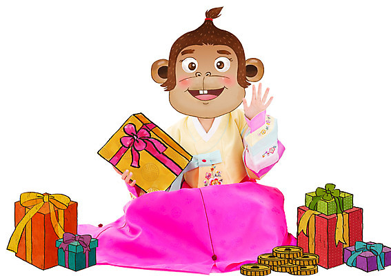 PSD 편집이미지 여자 어린이 동물캐릭터 새해 한명 선물상자 동전 새해인사 원숭이띠 원숭이 한복 합성 원숭이캐릭터 새해선물 병신년 이미지편집 동물 캐릭터 1 한국전통 돈 포유류 선물 사람 상자 십이지신 인사 전통의상 2016년 파일형식 명절선물