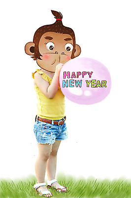 전신 PSD 편집이미지 여자 어린이 동물캐릭터 한명 잔디 원숭이띠 원숭이 합성 해피뉴이어 풍선 원숭이캐릭터 풍선불기 병신년 이미지편집 식물 동물 캐릭터 1 포유류 사람 새해인사 십이지신 불기 2016년 파일형식