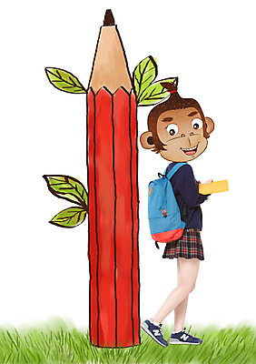 PSD 편집이미지 학생 여자 교복 동물캐릭터 청소년 나뭇잎 책가방 한명 잔디 책 연필 원숭이띠 원숭이 합성 원숭이캐릭터 병신년 이미지편집 식물 동물 캐릭터 1 옷 잎 가방 포유류 학용품 사람 필기구 십이지신 2016년 파일형식