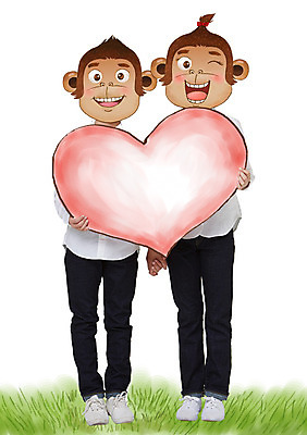 전신 PSD 편집이미지 여자 남자 어린이 동물캐릭터 윙크 잔디 두명 손잡기 원숭이띠 원숭이 합성 원숭이캐릭터 하트모형 병신년 이미지편집 식물 동물 캐릭터 포유류 모션 표정 사람 모형 십이지신 2016년 파일형식