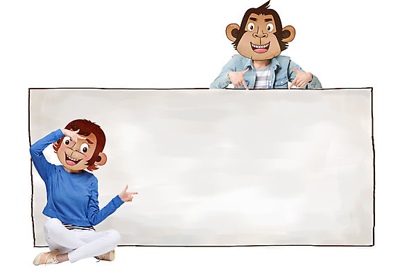 PSD 편집이미지 커플 여자 남자 동물캐릭터 알림판 성인 두명 원숭이띠 원숭이 가리킴 표지판 합성 원숭이캐릭터 병신년 이미지편집 동물 캐릭터 포유류 관계 사람 손짓 십이지신 2016년 파일형식