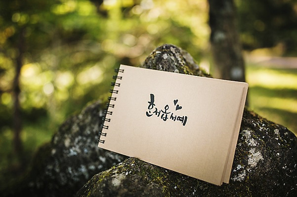 포토 JPG 주간 문자 손글씨 종이 캘리그라피 한글 사람없음 야외 제주도 다이어리 돌_바위 방언 자연휴양림 혼저옵서예 국내포토 자연요소 한국 사무용품 휴양림 파일형식