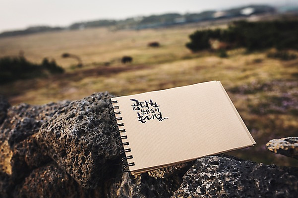 포토 JPG 주간 문자 손글씨 종이 캘리그라피 돌담 한글 사람없음 야외 아웃포커스 제주도 다이어리 돌 방언 신천목장 국내포토 자연요소 한국 촬영기법 담장 사무용품 목장 돌_바위 파일형식