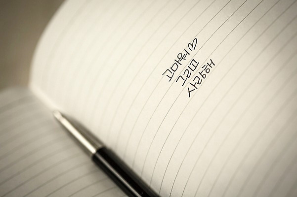 포토 문자 감정 문구용품 촬영기법 필기구 펜 파일형식 아웃포커스 사랑 감사 볼펜 공책 JPG 캘리그라피 손글씨 한글 종이 사람없음 국내포토