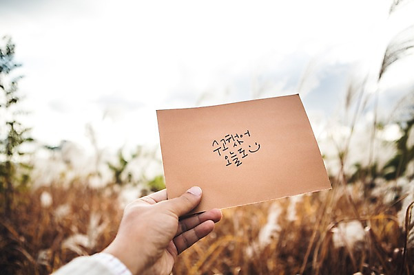 포토 JPG 주간 문자 손 손글씨 종이 캘리그라피 한손 한명 한글 야외 아웃포커스 신체부위 가을 억새 격려 수고 판교 국내포토 자연요소 식물 1 계절 감정 모션 촬영기법 사람 분당 파일형식
