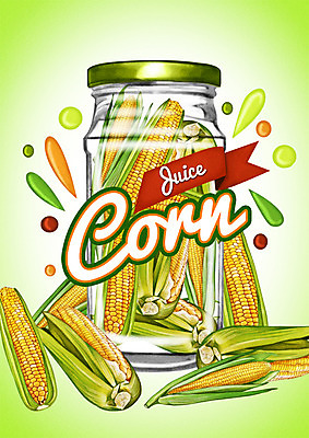 PSD 백그라운드 일러스트 유리병 옥수수 사람없음 라벨 주스 야채주스 국내일러스트 음료 병_용기 곡류 프레임 파일형식