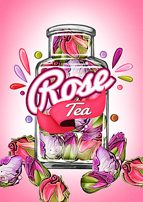 PSD 백그라운드 일러스트 유리병 사람없음 장미 라벨 차 꽃차 장미차 국내일러스트 꽃 음료 병_용기 프레임 차_음료 파일형식