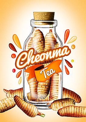 PSD 백그라운드 일러스트 유리병 사람없음 라벨 차 천마 국내일러스트 음료 병_용기 프레임 마 파일형식