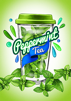 PSD 백그라운드 일러스트 사람없음 라벨 차 차잎 텀블러 페퍼민트 국내일러스트 음료 잎 프레임 컵 민트 파일형식