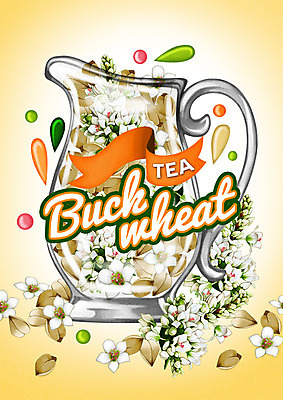 PSD 백그라운드 일러스트 사람없음 라벨 차 메밀 메밀꽃 국내일러스트 꽃 음료 식재료 프레임 파일형식