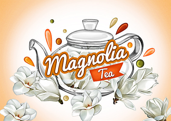 PSD 백그라운드 일러스트 사람없음 라벨 차 찻주전자 목련 차잎 국내일러스트 꽃 음료 잎 주전자 프레임 파일형식