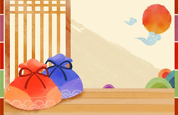 PSD 구름 리본 백그라운드 일러스트 산 복주머니 사람없음 설날 태양 전통문양 한지 전통문 전통문살 국내일러스트 자연요소 전통 문양 명절 종이 전통소품 문 문살 파일형식