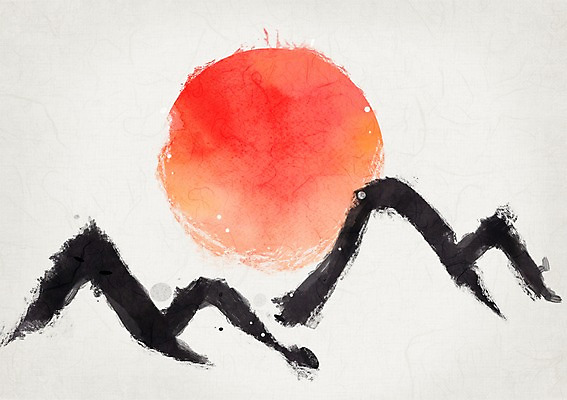 PSD 백그라운드 일러스트 붓터치 산 사람없음 설날 태양 전통문양 한지 국내일러스트 자연요소 전통 문양 명절 종이 파일형식