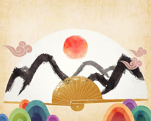 PSD 구름 백그라운드 일러스트 붓터치 산 사람없음 설날 태양 전통문양 부채 한지 국내일러스트 자연요소 전통 문양 명절 종이 파일형식