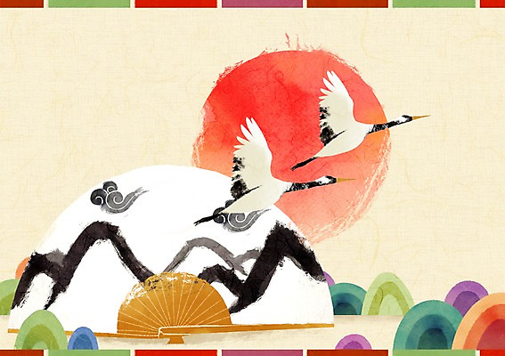 PSD 구름 백그라운드 일러스트 붓터치 산 사람없음 설날 태양 전통문양 학 한지 국내일러스트 자연요소 전통 문양 명절 종이 조류 파일형식