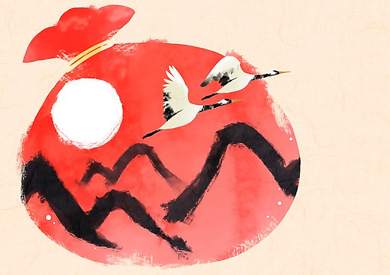 PSD 백그라운드 일러스트 붓터치 산 복주머니 사람없음 설날 태양 전통문양 학 한지 국내일러스트 자연요소 전통 문양 명절 종이 조류 전통소품 파일형식